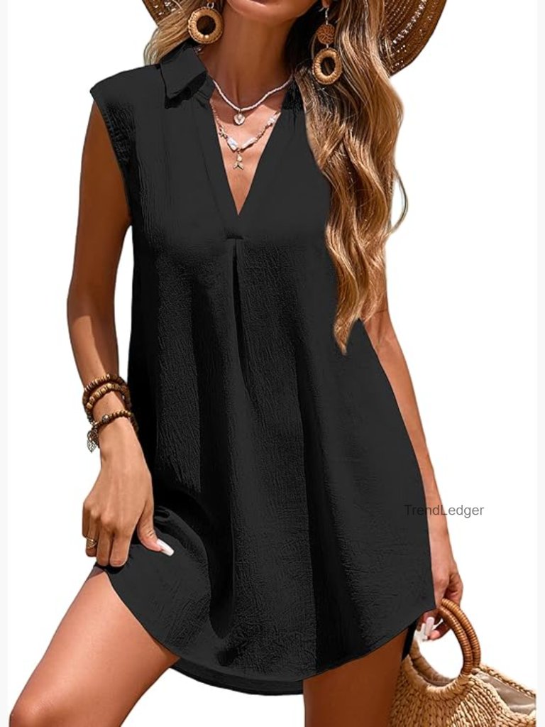Large Sleeveless V-Neck Swim Coverup Dress Polyester Loose Fit